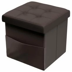 Lavish Home Faux Leather Ottoman Cube With Pocket, Brown