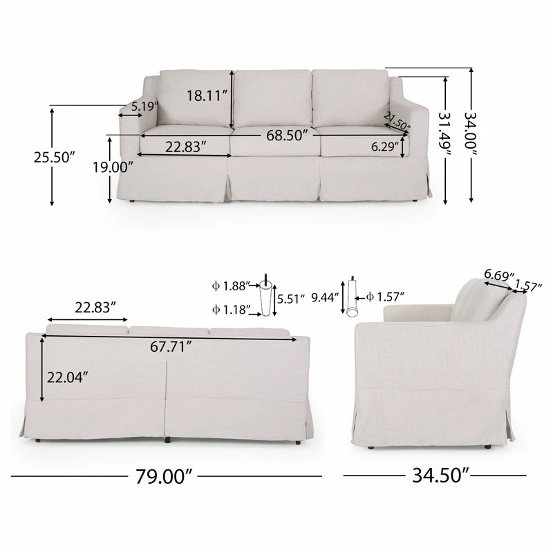 GDFStudio Bainville Fabric 3 Seater Sofa With Skirt, Light Beige Stripe + Walnut 5 GDFStudio Bainville Fabric 3 Seater Sofa With Skirt, Light Beige Stripe + Walnut - Image 3