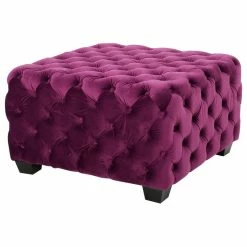 GDFStudio GDF Studio Provence Dark Teal Tufted Velvet Fabric Square Ottoman Bench, Fuchsia