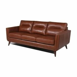 Bowery Hill Mid-Century Leather Sofa In Camel Brown