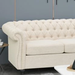 GDFStudio Adetokunbo Tufted Chesterfield Fabric 3 Seater Sofa, Beige/Dark Brown -GDF sofa Shop bd118fd90f906e85 5498 w800 h800 b0 p0