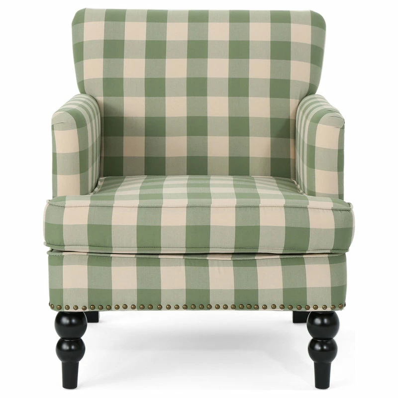 GDFStudio GDF Studio Eve Tufted Fabric Club Chair, Green Checkerboard/Dark Brown 6 GDFStudio GDF Studio Eve Tufted Fabric Club Chair, Green Checkerboard/Dark Brown - Image 4