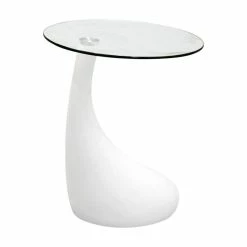 Fab Glass And Mirror TearDrop Side Table White Color With 18 Inch Round Glass Top