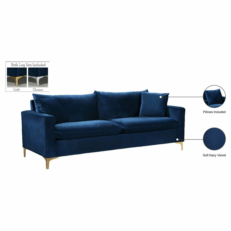 Meridian Furniture Naomi Velvet Sofa, Gold And Chrome Leg Set, Navy 8 Meridian Furniture Naomi Velvet Sofa, Gold And Chrome Leg Set, Navy - Image 6
