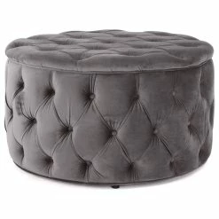 GDFStudio GDF Studio Maelyn Modern Glam Tufted Velvet Round Ottoman, Dark Gray