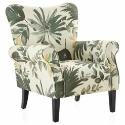 Belleze High Wingback Linen Armchair, Green Floral