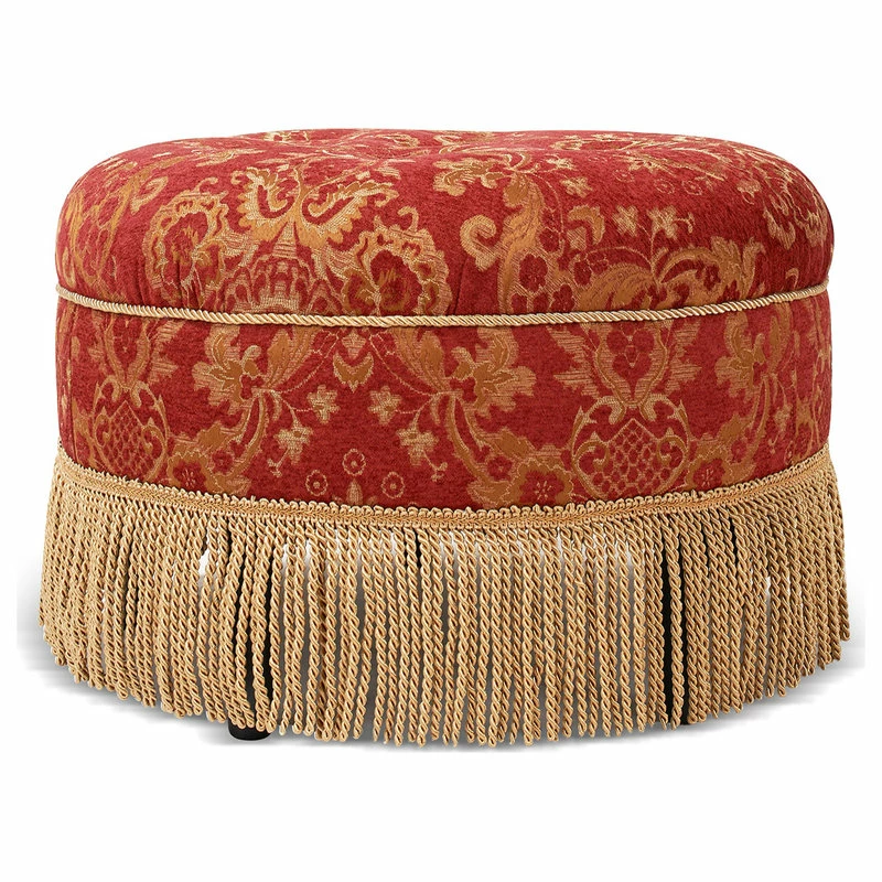 Jennifer Taylor Home Yolanda Tufted Round Ottoman With Bullion Trim, Red Gold Jacquard 4 Jennifer Taylor Home Yolanda Tufted Round Ottoman With Bullion Trim, Red Gold Jacquard - Image 2