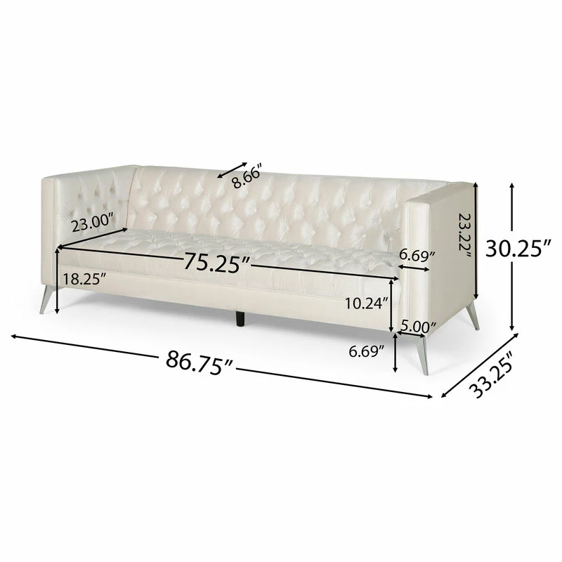 GDFStudio Roxanne Tufted Velvet 3 Seat Sofa, Beige/Silver 5 GDFStudio Roxanne Tufted Velvet 3 Seat Sofa, Beige/Silver - Image 3