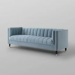 Inspired Home Nicole Miller Althea Velvet Channel Tufted Nailhead Trim Sofa, Slate Blue/Chrome -GDF sofa Shop cf115c790e9f6c4c 8655 w800 h800 b0 p0