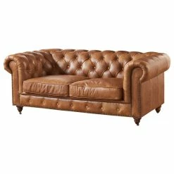 Crafters And Weavers Leather Chesterfield Love Seat, Light Brown