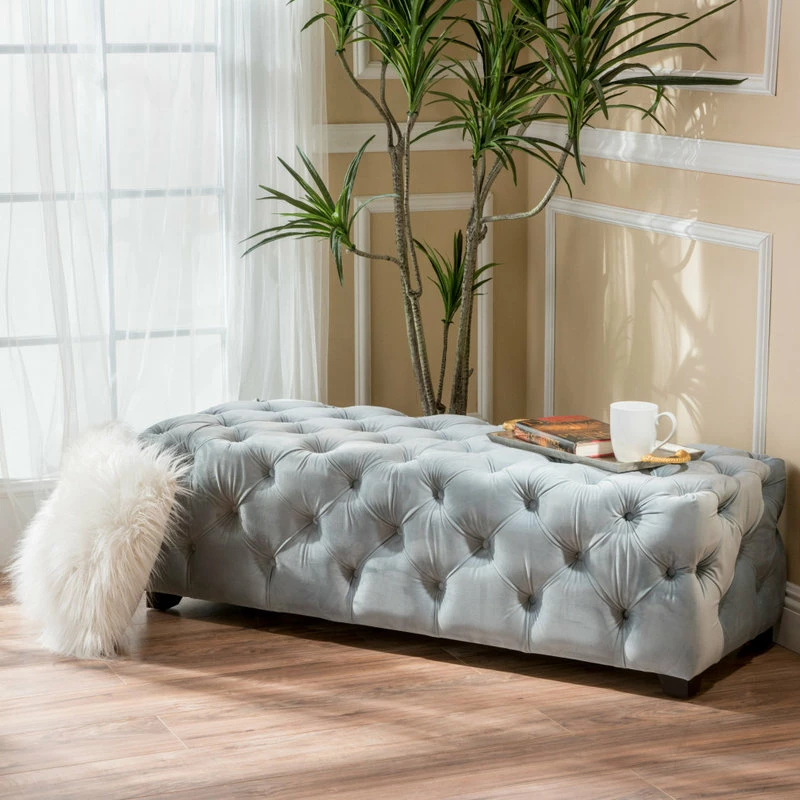 GDFStudio GDF Studio Provence TModern Glam Tufted Velvet Ottoman Bench, Light Gray 4 GDFStudio GDF Studio Provence TModern Glam Tufted Velvet Ottoman Bench, Light Gray - Image 2