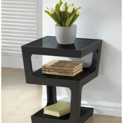 Baxton Studio Clara Black Modern End Table With 3, Tiered Glass Shelves -GDF sofa Shop d07175ee0b43c211 0509 w800 h800 b0 p0