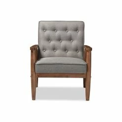 Baxton Studio Sorrento Retro Upholstered Wooden Lounge Chair, Gray Fabric