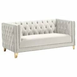 Meridian Furniture Michelle Fabric Upholstered Loveseat, Gold Iron Legs, Cream Velvet