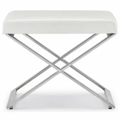 Zuri Furniture Modern Fenix Ottoman Smooth White Leatherette Brushed Stainless Steel Base