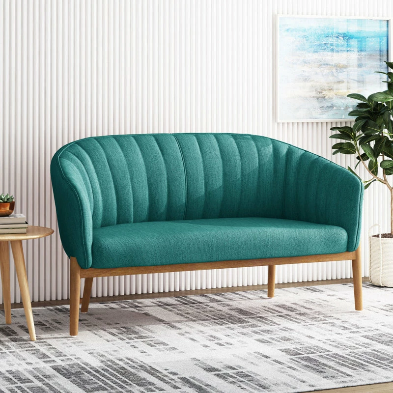 GDFStudio Deborah Mid-Century Fabric Loveseat, Teal, Brown 4 GDFStudio Deborah Mid-Century Fabric Loveseat, Teal, Brown - Image 2
