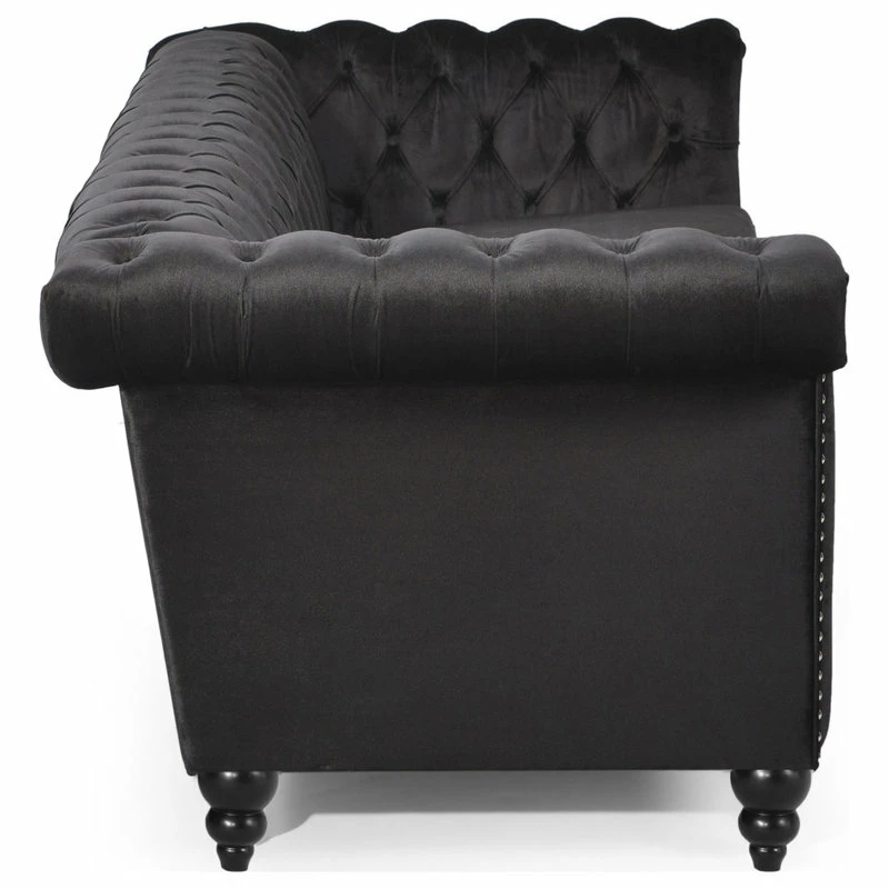 GDFStudio Spencer Tufted Chesterfield Velvet 3 Seater Sofa, Black/Dark Brown 12 GDFStudio Spencer Tufted Chesterfield Velvet 3 Seater Sofa, Black/Dark Brown - Image 10