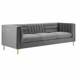 LexMod Ingenuity Channel Tufted Performance Velvet Sofa, Gray