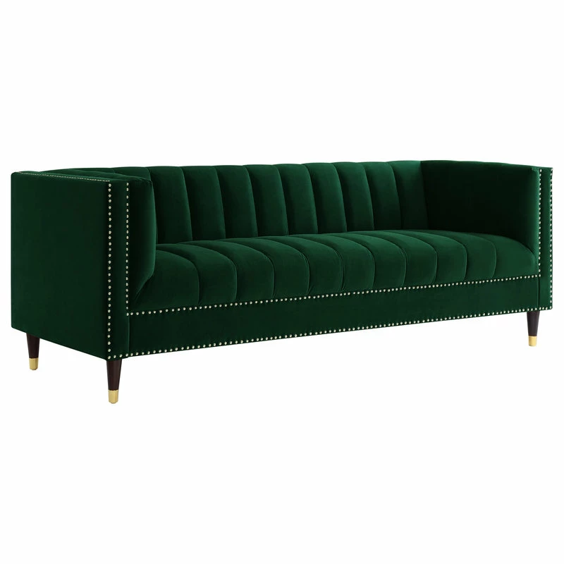 Inspired Home Nicole Miller Althea Velvet Channel Tufted Nailhead Trim Sofa, Hunter Green/Gold 5 Inspired Home Nicole Miller Althea Velvet Channel Tufted Nailhead Trim Sofa, Hunter Green/Gold - Image 3
