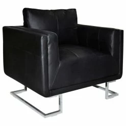 Vida XL International B.V. VidaXL Cube Armchair With Chrome Feet Real Leather Black Luxury Furniture Home