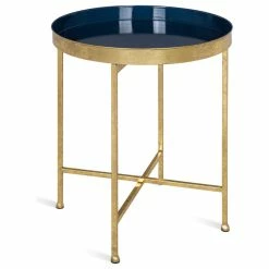 Uniek Celia Round Metal Side Table, Gold Navy Blue