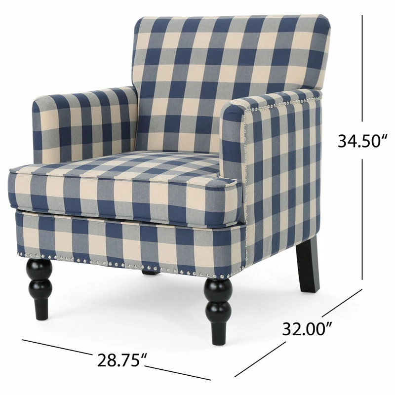 GDFStudio GDF Studio Eve Tufted Fabric Club Chair, Blue Checkerboard/Dark Brown 5 GDFStudio GDF Studio Eve Tufted Fabric Club Chair, Blue Checkerboard/Dark Brown - Image 3