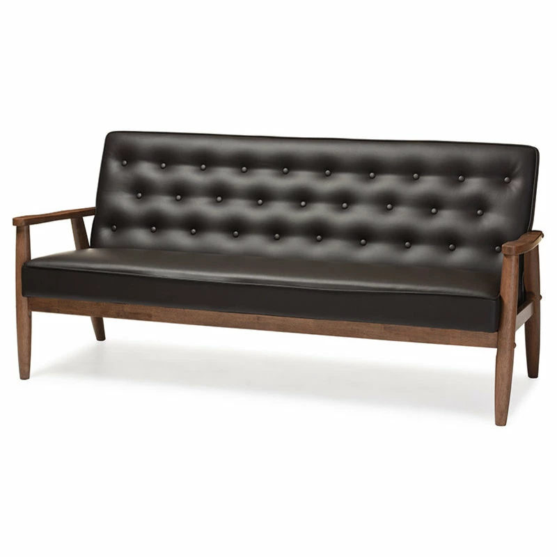 Baxton Studio Sorrento Retro Upholstered Wooden 3-Seater Sofa, Brown Faux Leather 4 Baxton Studio Sorrento Retro Upholstered Wooden 3-Seater Sofa, Brown Faux Leather - Image 2