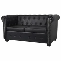 Vida XL International B.V. VidaXL Chesterfield 2-Seater Artificial Leather Black Living Room Furniture