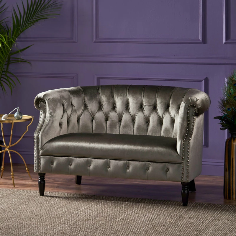GDFStudio GDF Studio Melaina Tufted Scroll Arm New Velvet Loveseat, Gray 4 GDFStudio GDF Studio Melaina Tufted Scroll Arm New Velvet Loveseat, Gray - Image 2