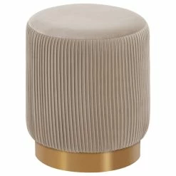 Duhome Elegant Lifestyle Round Pleated Golden Base Velvet Ottoman, Khaki