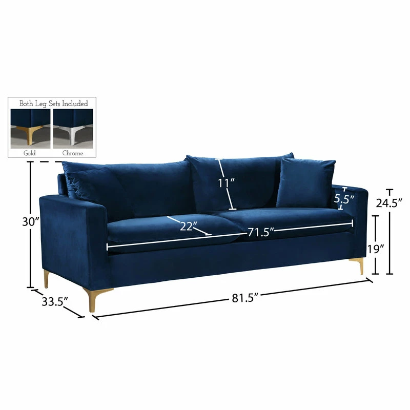 Meridian Furniture Naomi Velvet Sofa, Gold And Chrome Leg Set, Navy 9 Meridian Furniture Naomi Velvet Sofa, Gold And Chrome Leg Set, Navy - Image 7