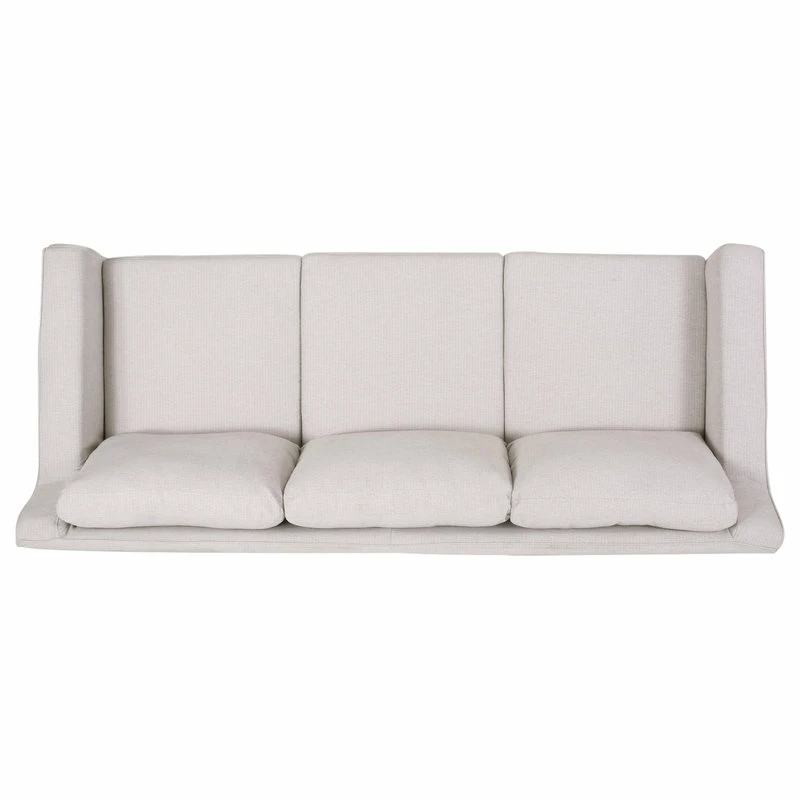 GDFStudio Bainville Fabric 3 Seater Sofa With Skirt, Light Beige Stripe + Walnut 11 GDFStudio Bainville Fabric 3 Seater Sofa With Skirt, Light Beige Stripe + Walnut - Image 9