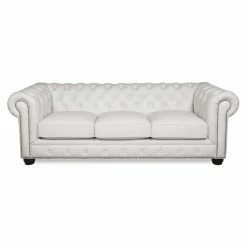 Bowery Hill Traditional Leather Chesterfield Sofa In White Finish