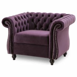 GDFStudio Leila Chesterfield Velvet Club Chair, Blackberry, Dark Brown