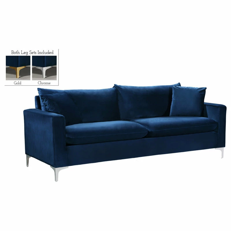 Meridian Furniture Naomi Velvet Sofa, Gold And Chrome Leg Set, Navy 3 Meridian Furniture Naomi Velvet Sofa, Gold And Chrome Leg Set, Navy