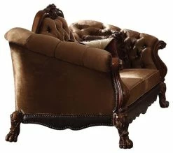 Acme Furniture Acme Loveseat With 5 Pillow In Golden Brown Velvet And Cherry Oak 52096